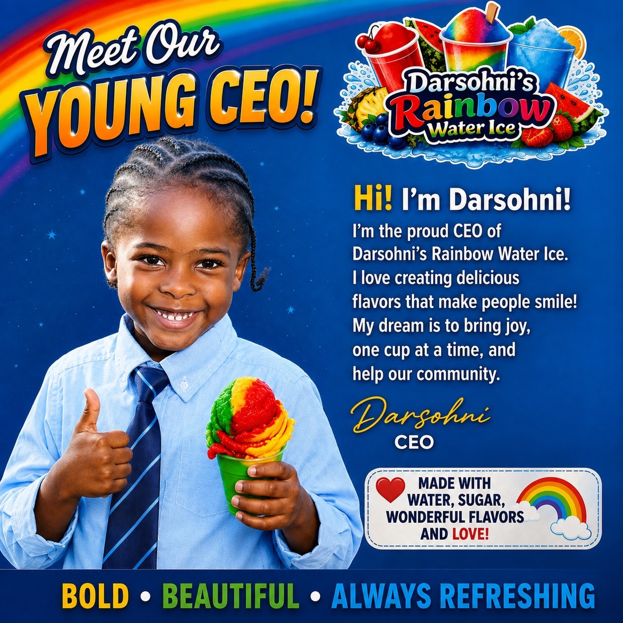 Darsohni, founder and young CEO of Darsohni's Rainbow Water Ice