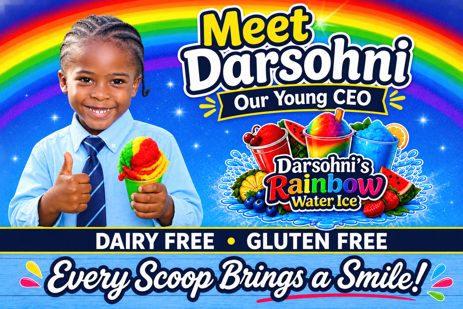 Young CEO promoting Rainbow Water Ice brand