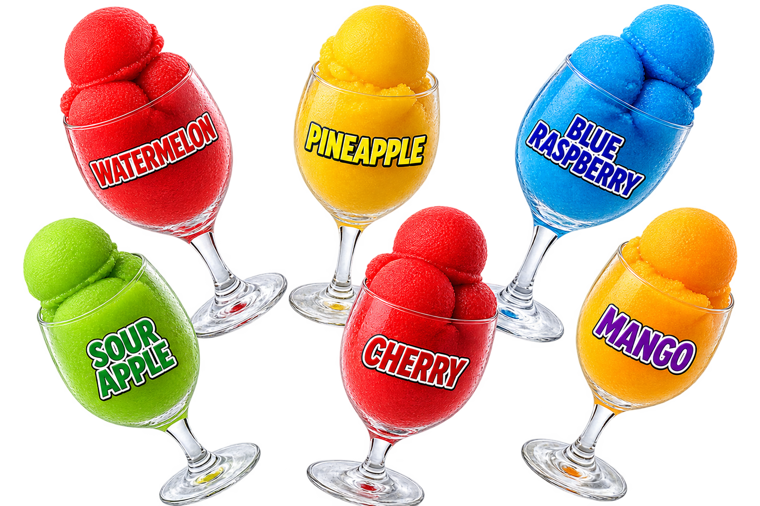 Six stemmed glasses filled with colorful water ice scoops — Watermelon, Pineapple, Blue Raspberry, Sour Apple, Cherry, and Mango